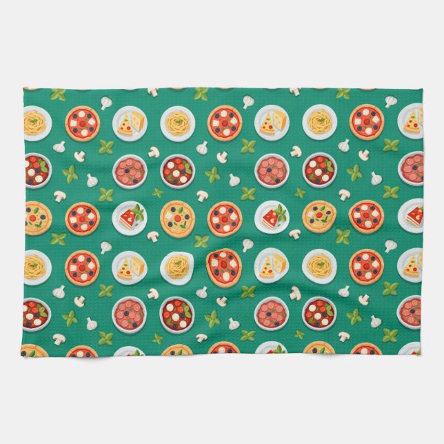 Paño De Cocina Seamless pattern on green pizza pasta and tomato (Horizontal)
