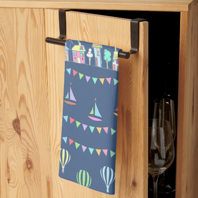 Paño De Cocina Seaside Town Sail Boats and Bunting Pattern Blue (Pliegue de tercios)
