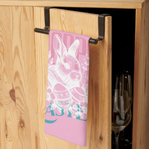 Paño De Cocina Sello de conejo de Pascua saltarín rosa