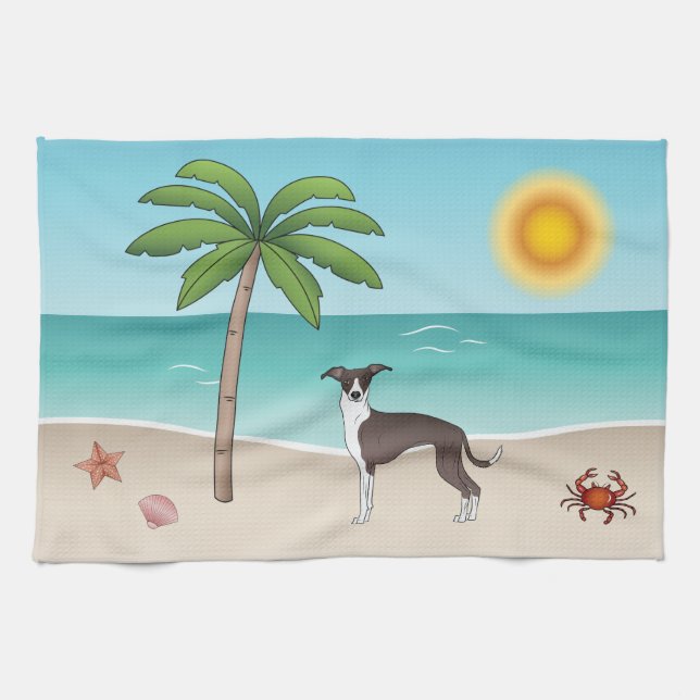 Paño De Cocina Sello Y Perro De Higgy Blanco En La Playa Tropical (Horizontal)