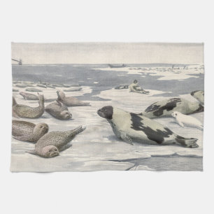 Paño De Cocina Sellos de harpa vintage en la nieve ártica por Lou