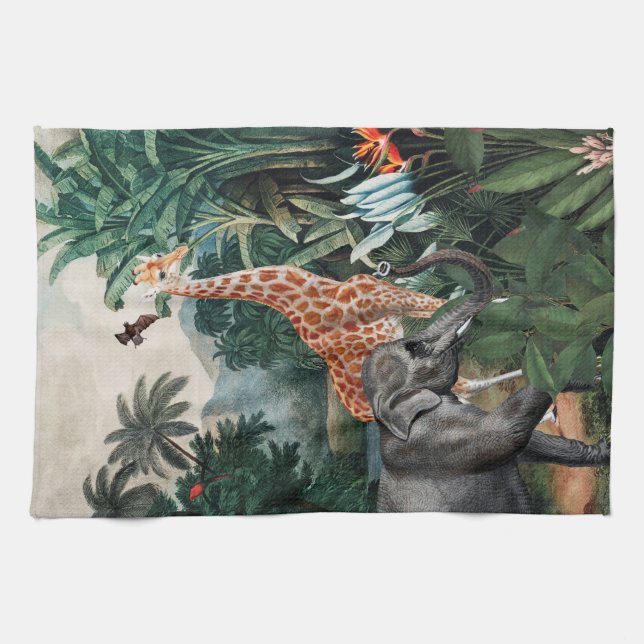 Paño De Cocina Selva tropical antigua con Ilustracion de animales (Horizontal)