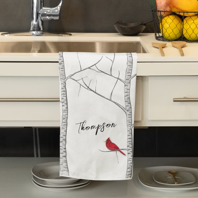 Paño De Cocina Sencillo árbol Birch, cardenal rojo de invierno de (Red Cardinal birch tree custom kitchen towel. )