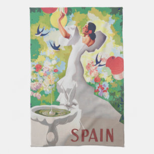Paño De Cocina Señorita España Pájaros Flores Fiesta Jardín