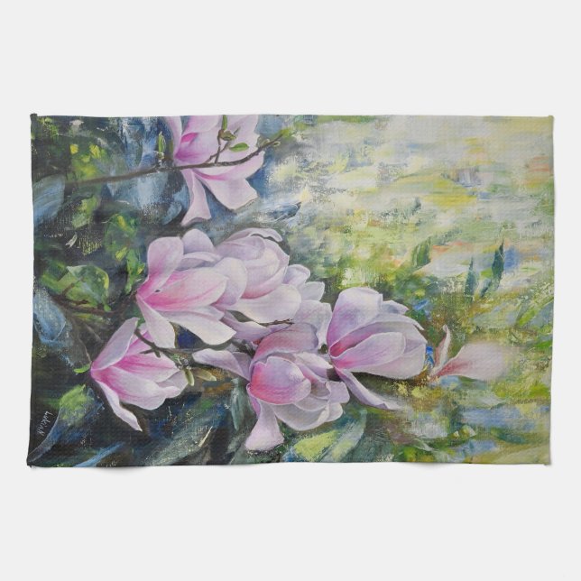 Paño De Cocina Serenidad de Magnolia - Arte floral de Lukian (Horizontal)
