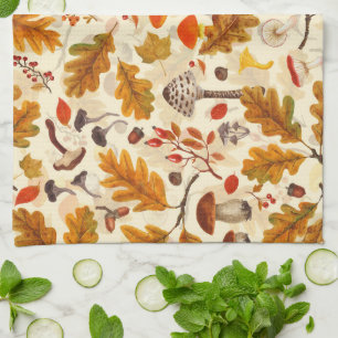 Paño De Cocina Setas del bosque y flora otoñal sobre crema