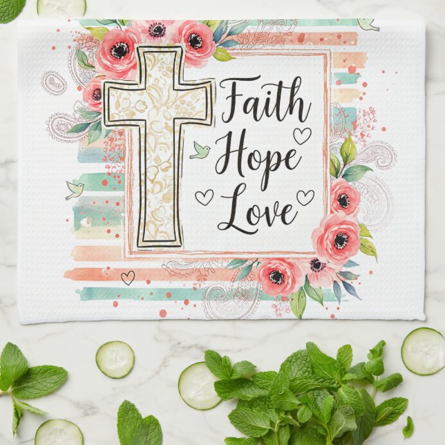 Paño De Cocina Shabby Chic floral Faith Hope Love (Doblado)
