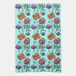 Paño De Cocina Shabby Poppy Red Purple en Aqua Turquoise
