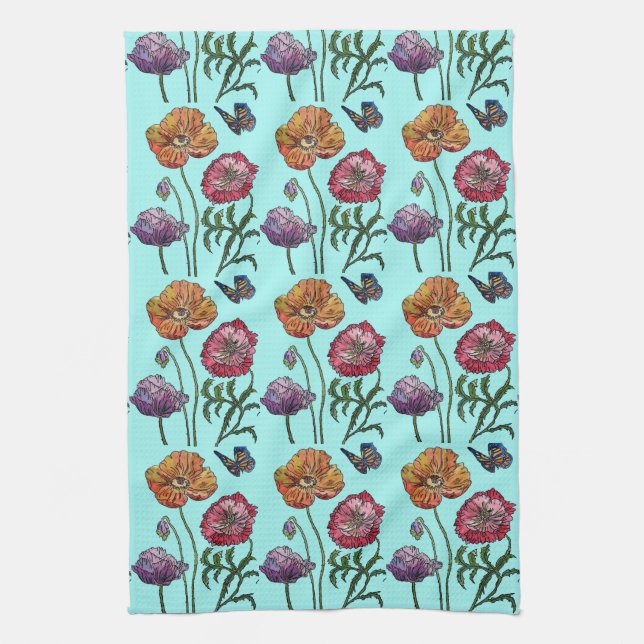 Paño De Cocina Shabby Poppy Red Purple en Aqua Turquoise (Vertical)
