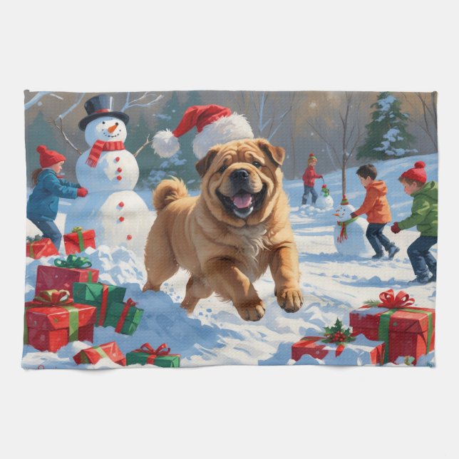 Paño De Cocina Shar Pei en Nieve con Gorra Navidad (Horizontal)