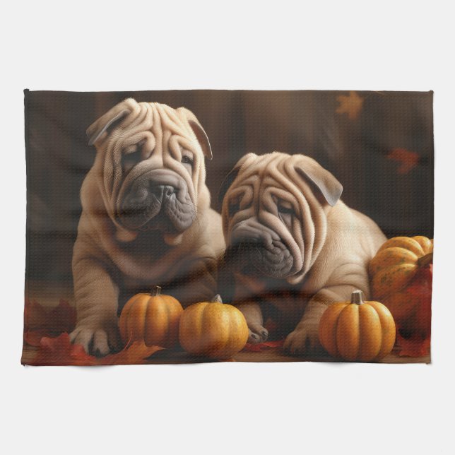 Paño De Cocina Shar Pei Puppy Calabaza deslumbrante de otoño (Horizontal)