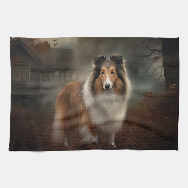 Paño De Cocina Shetland Sheepdog Halloween Scary (Horizontal)