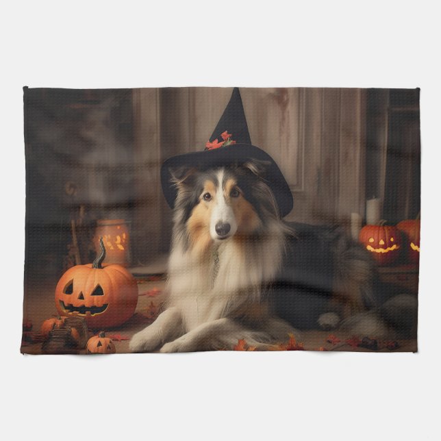 Paño De Cocina Shetland Sheepdog Pumpkins Halloween Scary (Horizontal)