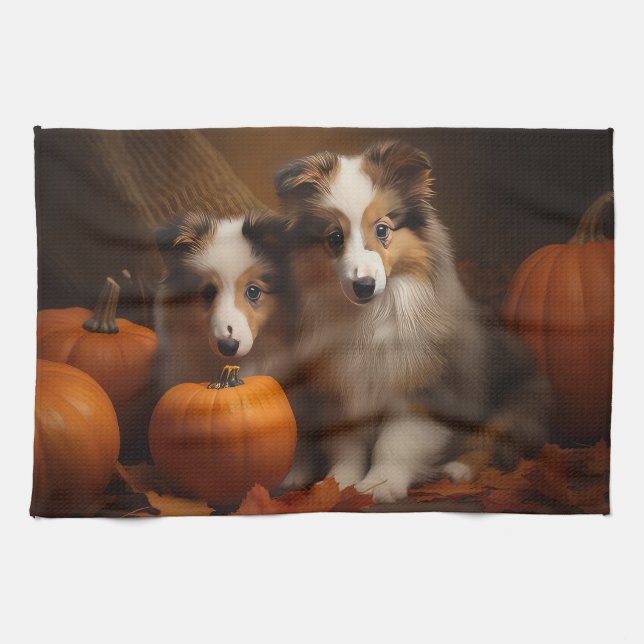 Paño De Cocina Shetland Sheepdog Puppy Autumn Delight Pumpkin (Horizontal)