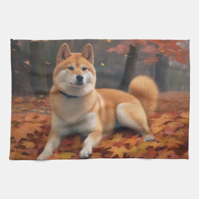 Paño De Cocina Shib Inu en otoño se inspira (Horizontal)