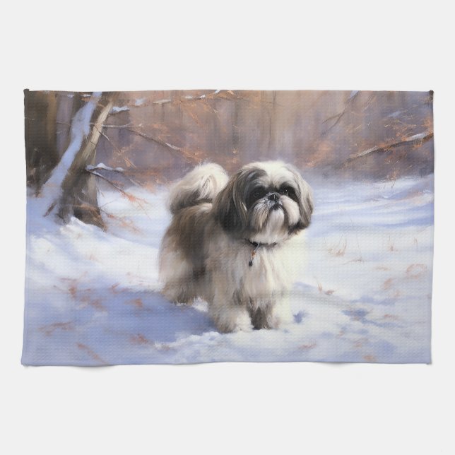 Paño De Cocina Shih Tzu deja que nieve Navidades (Horizontal)