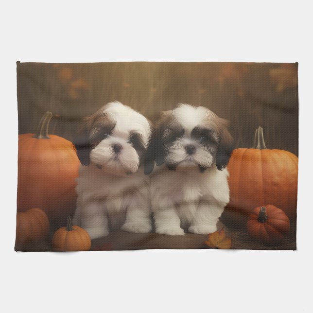 Paño De Cocina Shih Tzu Puppy Calabaza deslumbrante de otoño (Horizontal)