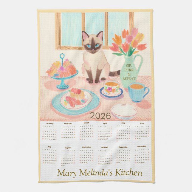 Paño De Cocina Siamese Cat & Tea Party Kitchen Towel Calendar (Vertical)