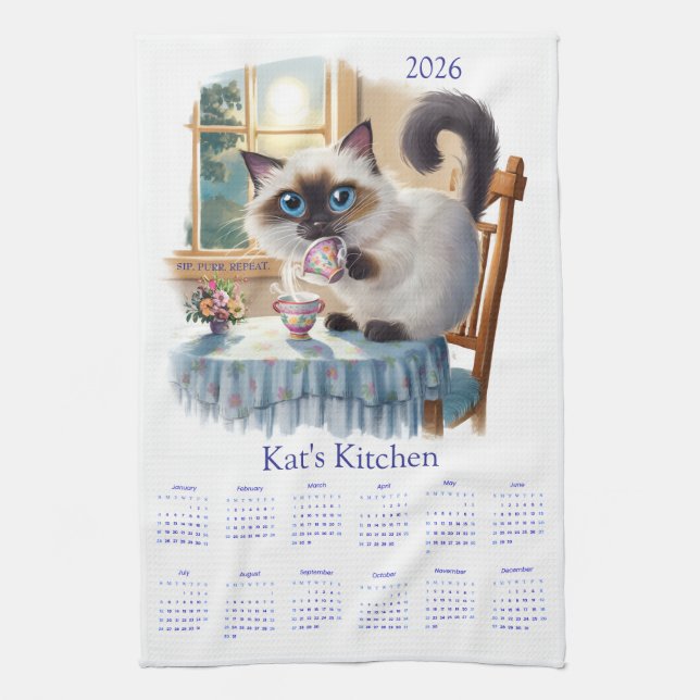 Paño De Cocina Siamese Cat Tea Time 2026 Calendar Kitchen Towels (Vertical)