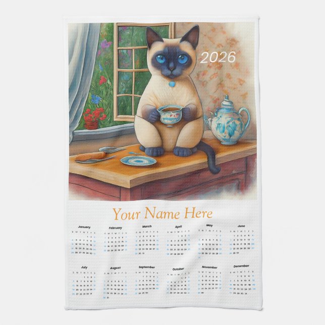 Paño De Cocina Siamese Cat Tea Time 2026 Tea Towel Calendar (Vertical)