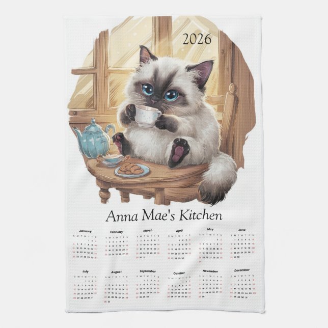 Paño De Cocina Siamese Cat & Tea Time Kitchen Towel Calendar  (Vertical)