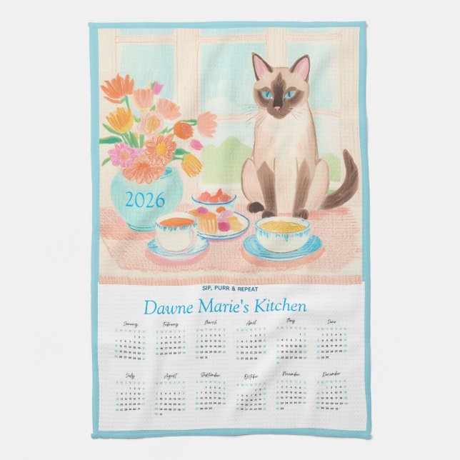 Paño De Cocina Siamese Cat, Teacups & Tea Towel Calendar Too (Vertical)
