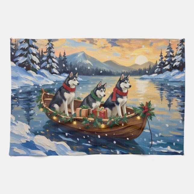 Paño De Cocina Siberian Husky Christmas Boat Holiday (Horizontal)