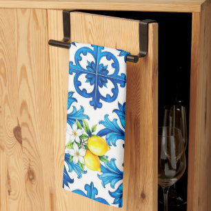 Paño De Cocina Siciliano, verano, limón, mosaico, azul