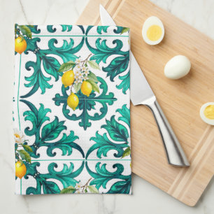 Paño De Cocina siciliano, verano, limón, mosaico, verde,