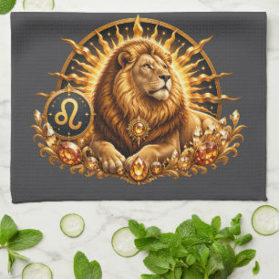 Paño De Cocina Signo zodiacal Leo dorado con piedras grises