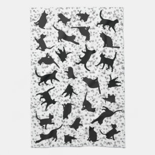 Paño De Cocina Silhouette Cat Burbuja de doodle negro y blanco