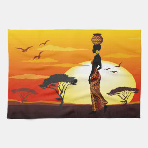 Paño De Cocina Silhouette de una bella mujer africana sobre los S