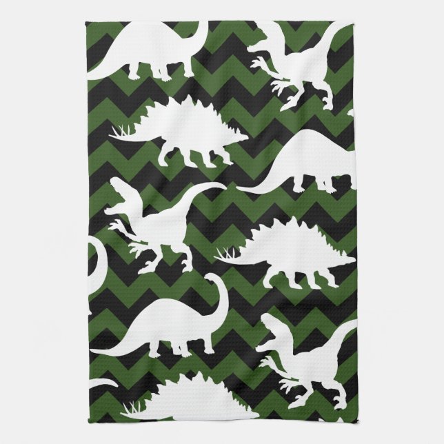 Paño De Cocina Silhouettes de dinosaurios de moda y Chevrs verdes (Vertical)