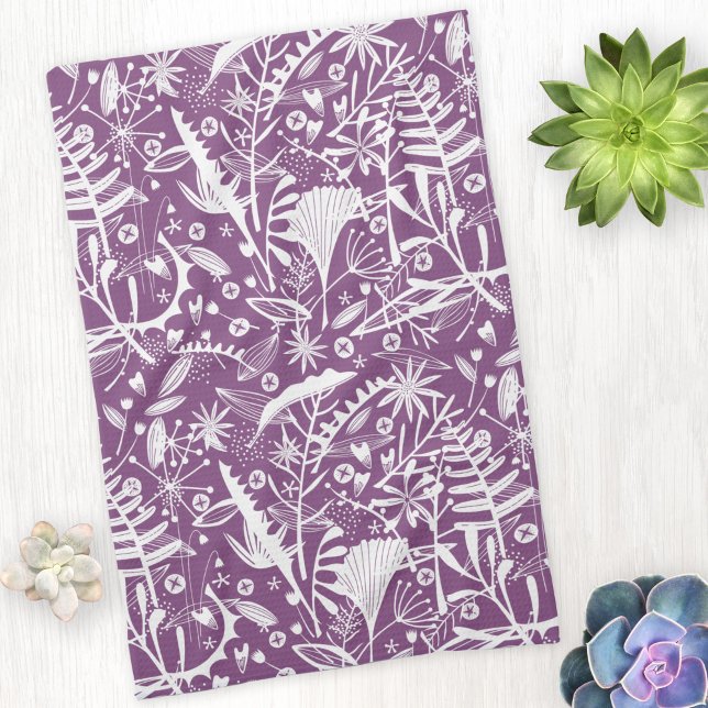 Paño De Cocina Silhouettes Púrpura Floral Botánica (Purple botanical floral art kitchen tea towel)