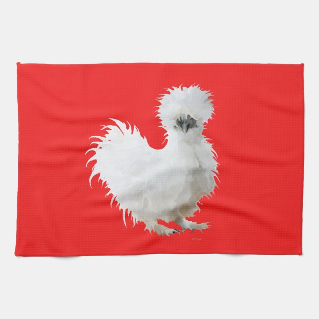 Paño De Cocina Silkie White Chicken on Red Tea Towel (Horizontal)