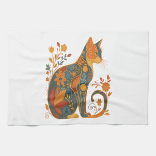 Paño De Cocina Silueta de gato floral - Botánico vintage colorido