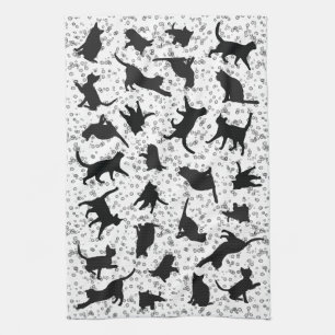 Paño De Cocina Silueta de gato negro y blanco con burbujas doodle