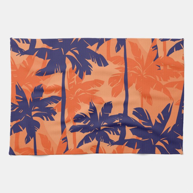 Paño De Cocina Silueta de palmera azul, fondo naranja (Horizontal)