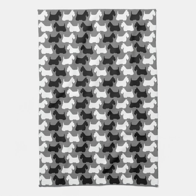Paño De Cocina silueta de Terrier escocés, negro/blanco/gris (Vertical)