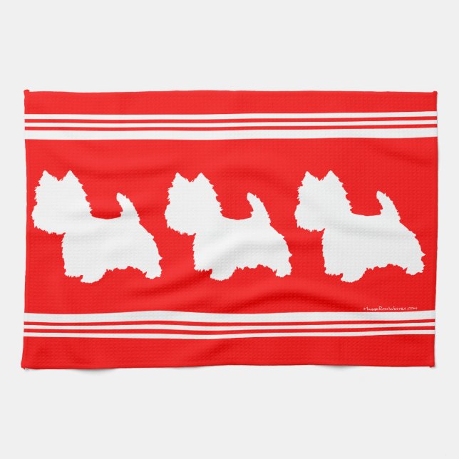 Paño De Cocina Silueta de Westie sobre Rojo (Horizontal)