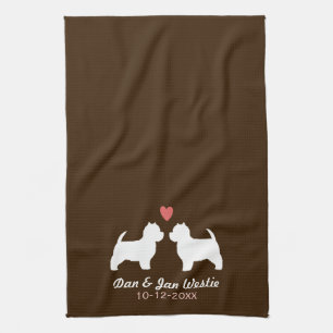Paño De Cocina Siluetas de perro Westie con corazón y texto