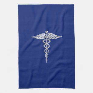 Paño De Cocina Símbolo médico cromado estilo Caduceus sobre azul