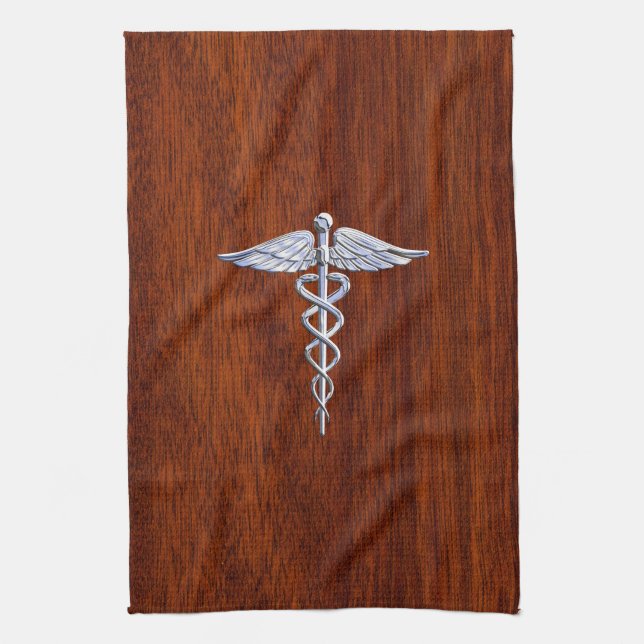 Paño De Cocina Símbolo médico plateado parecido a Caduceus Impres (Vertical)