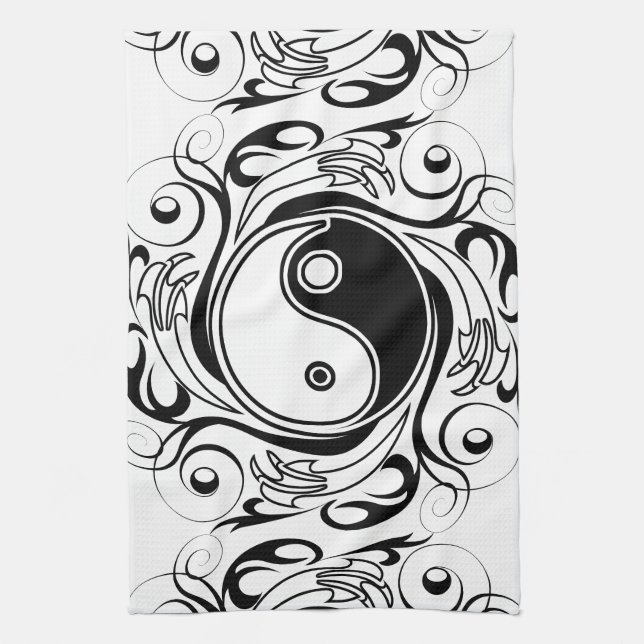 Paño De Cocina Símbolo Yin & Yang estilo Tatuaje blanco y negro (Vertical)