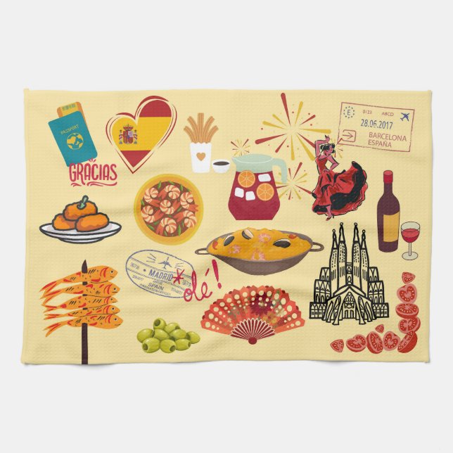 Paño De Cocina Símbolos de España para los amantes de los viajes (Horizontal)
