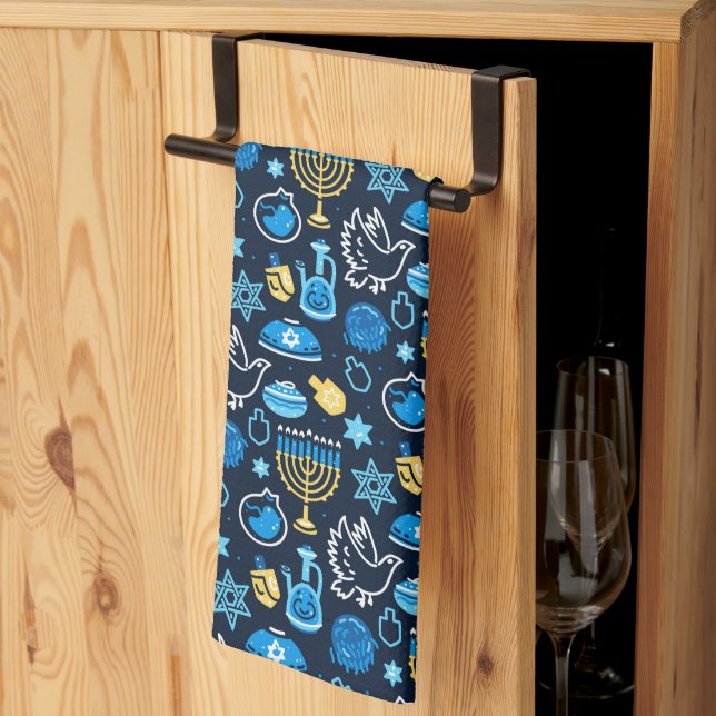 Paño De Cocina Símbolos de Hanukkah Patrón azul (Pliegue de tercios)