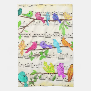 Paño De Cocina Sinfonía de pájaros musicales alegres y coloridas 