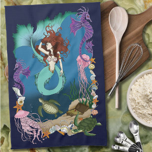 Paño De Cocina Sirena Mística Fantasía Oceánica Azul Vida Marina