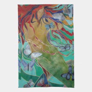 Paño De Cocina Sirena Nadando con mariposas Fantasía Arte