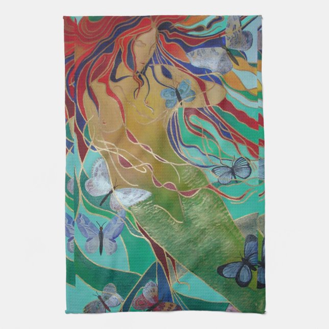 Paño De Cocina Sirena Nadando con mariposas Fantasía Arte (Vertical)